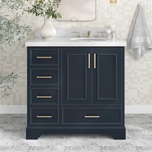 Stafford 37 in. W x 22 in. D x 36 in. H Right Single Sink Bath Vanity in Midnight Blue with Carrara White Marble Top