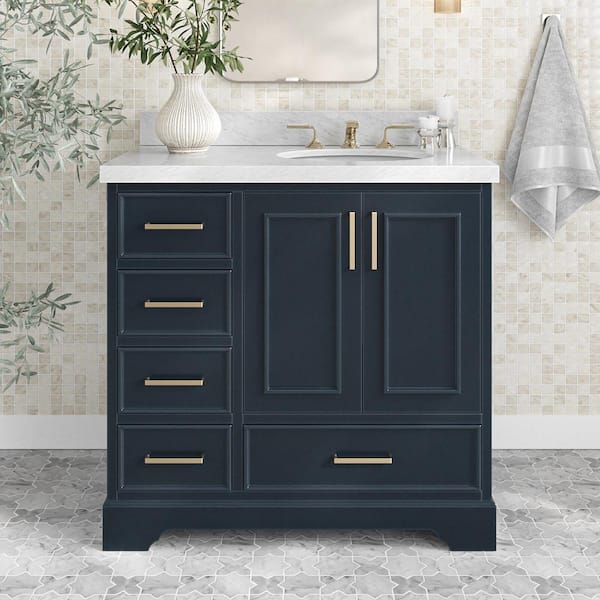ARIEL Stafford 37 in. W x 22 in. D x 36 in. H Right Single Sink Bath Vanity in Midnight Blue with Carrara White Marble Top
