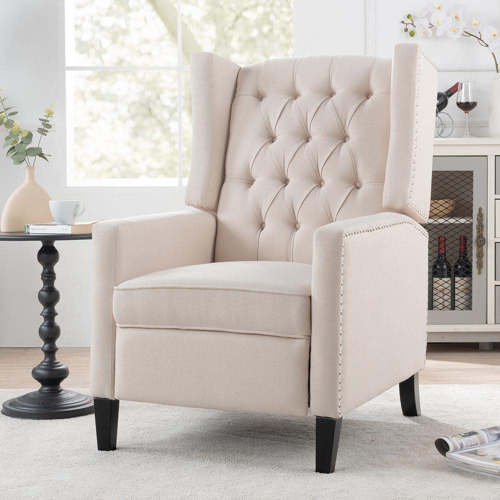 Merax Beige Fabric 27.16 in. W Tufted Wingback Manual Recliner with ...