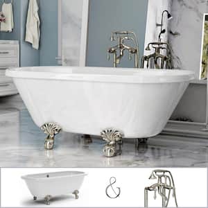 W-I-D-E Series Dalton 60 in. Acrylic Clawfoot Tub in White, Ball-and-Claw Feet, Floor-Mount Faucet in Brushed Nickel