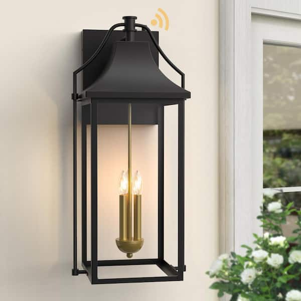 Maxax Hawaii 25 in. H 3-Bulb Black/Gold Hardwired Outdoor Wall Lantern Sconce with Dusk to Dawn