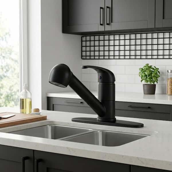6.8 in. Single Handle Pull Out Sprayer Kitchen Faucet with Deckplate Included and 360 Degree Spout Swivel in Matte Black
