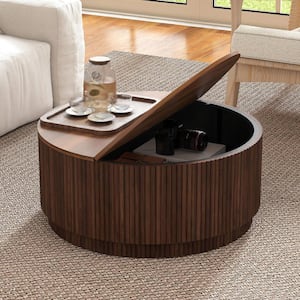 Walnut Round Fluted Coffee Table, 31.5 in. MDF with Flip-Top Storage Compartment for Living Room