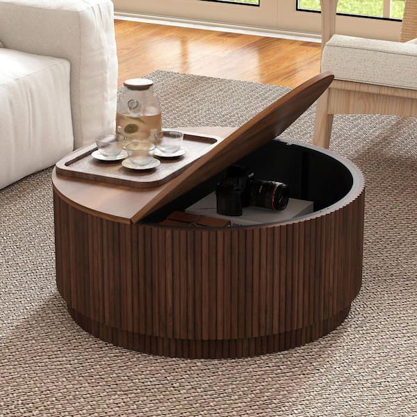 31.5 in. Walnut Round MDF Storage Coffee Table with A Flip-out Panel
