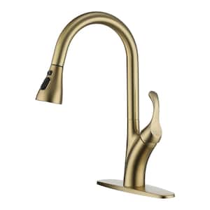 Stainless Steel Single Handle Pull Down Sprayer Kitchen Faucet with 3-Spray Patterns and Deck Plate in Brushed Gold