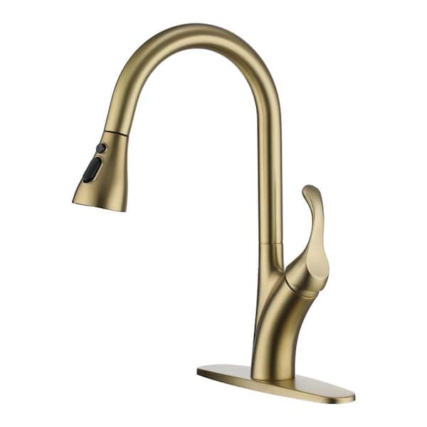 Boyel Living Stainless Steel Single Handle Pull Down Sprayer Kitchen Faucet with 3-Spray Patterns and Deck Plate in Brushed Gold