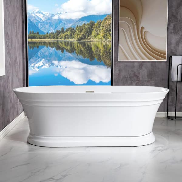 WOODBRIDGE Passaic 67 in. Acrylic FlatBottom Double Ended Bathtub with Brushed Nickel Overflow and Drain Included in White