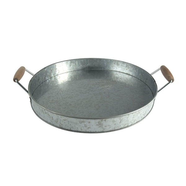 Benjara Round Galvanized Metal Gray Serving Tray with Wooden Handles