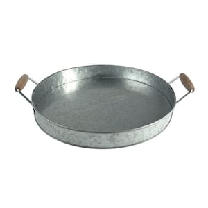Round Galvanized Metal Gray Serving Tray with Wooden Handles