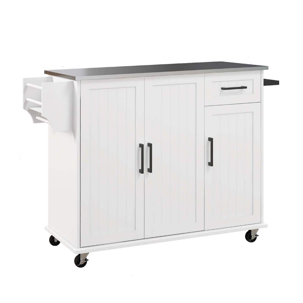 White Wood 50.50 in. Kitchen Island, Kitchen Cart with Drawer, Spice Rack a