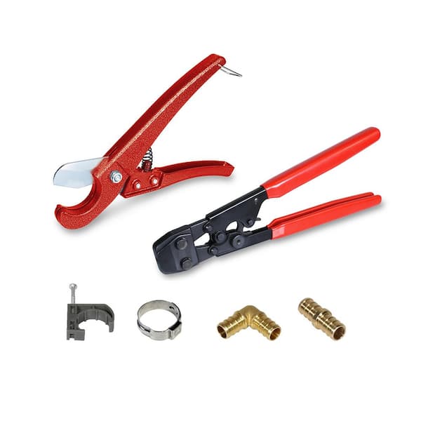The Plumber's Choice PEX Plumbing Kit - Crimper, Cutter Tool with Lock Hook, 1/2 in. Elbow Cinch and Half Clamp
