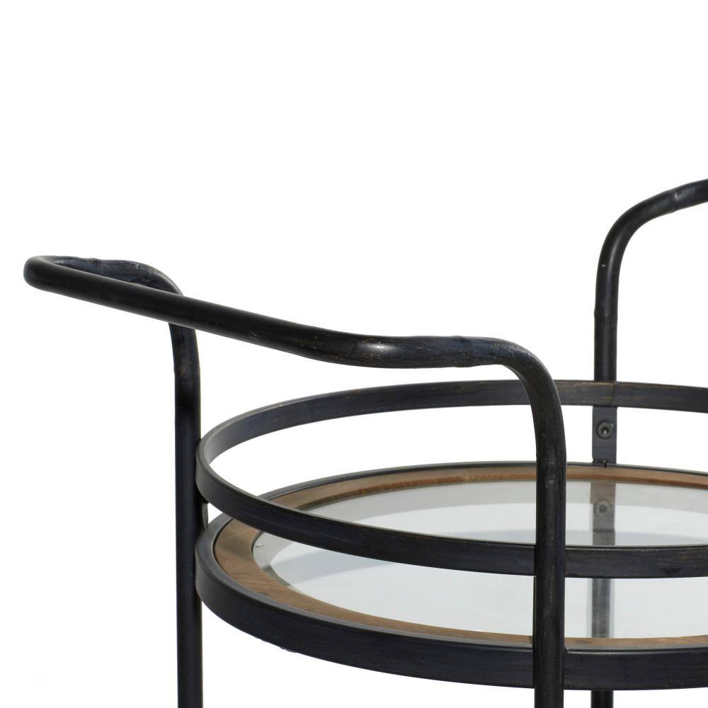 21'' Brown Metal and Rattan Round Bar Cart with Glass Shelves