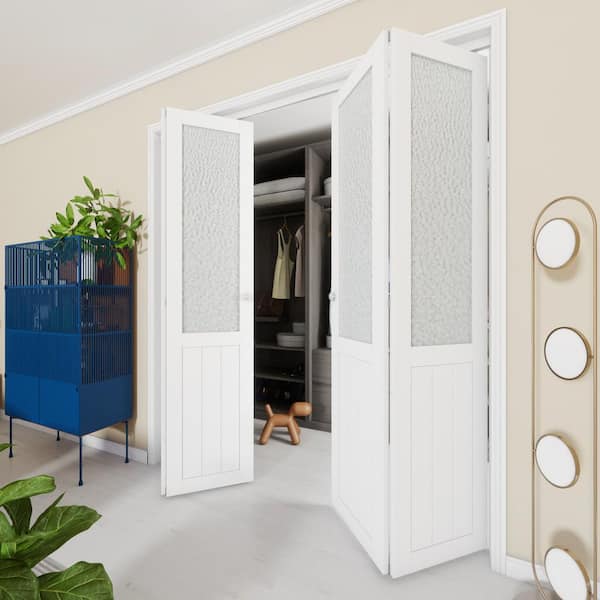 72 in x 80 in (Double 36" Doors)White, MDF, Half Tempered Glass Panel Bi-Fold Interior Door with Hardware Kits