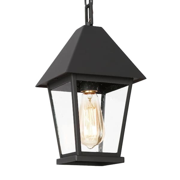 13.4 in. 1-Light Black Dimmable Geometric Outdoor Pendant Light Lantern with Seeded Glass Shade and No Bulbs Included