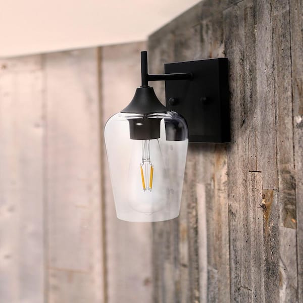 1-Light Matt Black Wall Sconce with Clear Glass Shade