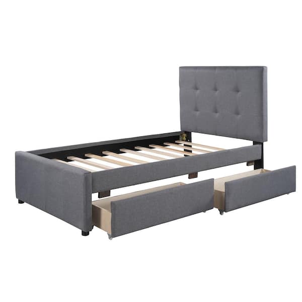 GODEER Gray Twin Linen Upholstered Platform Bed With Headboard and 2-Drawers