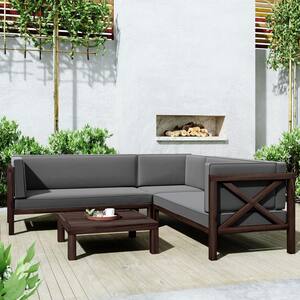4-Piece Brown Wood Patio Conversation Sectional Seating Set with Gray Cushions and Table