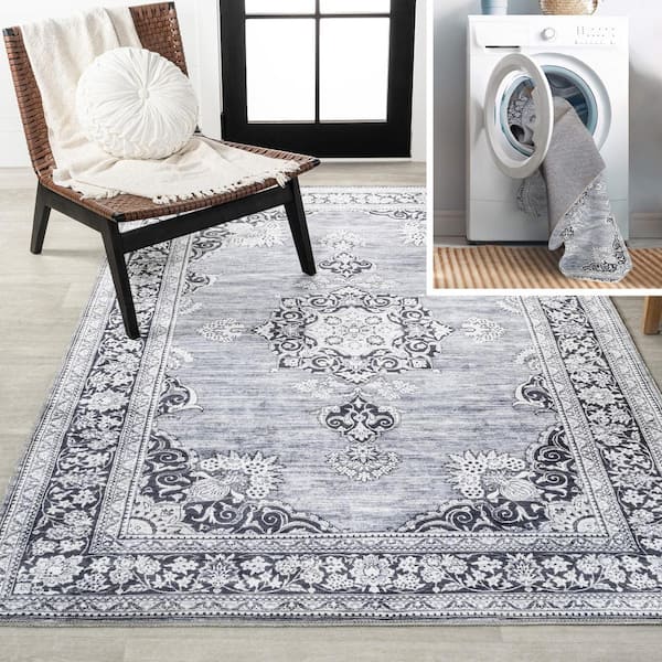 JONATHAN Y Bausch Bohemian Distressed Chenille Machine-Washable Gray/White 5 ft. x 8 ft. Area Rug