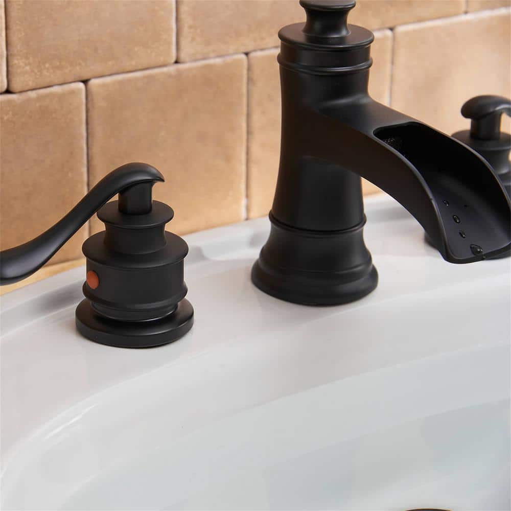 Matte Black Brass 8-Inch Widespread Bathroom Faucet with Drain Kit
