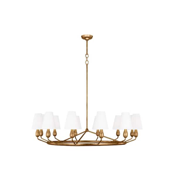 Ziba 48 in. W x 34.75 in. H 12-Light Antique Gild Extra Large Dimmable Chandelier with White Linen Fabric Shades