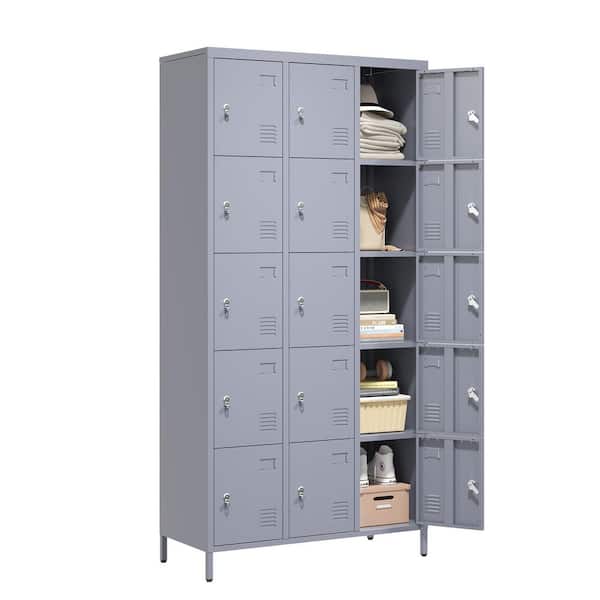 Gray 72 in. Metal Lockers for Employees Steel Storage Locker Cabinet with 30 Hooks & 15 Doors for School Office Bedroom