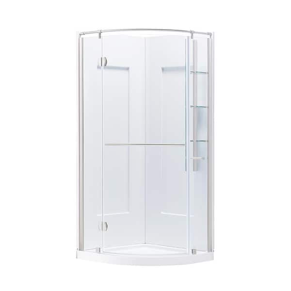 Glamour 36 in. x 76.40 in. Corner Drain Corner Shower Kit in White and Satin Nickel Hardware