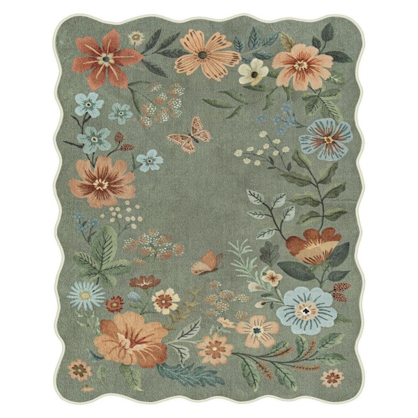 Washable Farmhouse Floral Print Wave-Shaped Non Slip Green Living Room Bedroom Dining Room 8 ft. x 10 ft. Area Rug