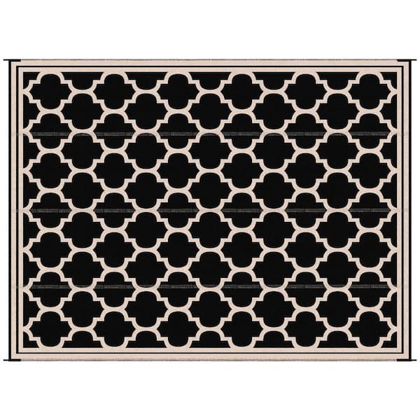 Reversible Outdoor Rug Carpet, 9' x 12' Waterproof Plastic Straw Rug, Portable RV Camping Rugs in Black & Beige