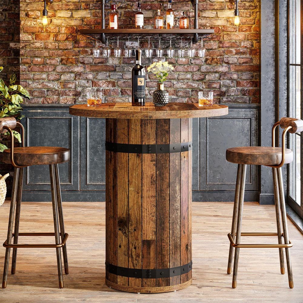 TRIBESIGNS WAY TO ORIGIN Brown 39.37 in. H Round Wood Bar Table Seats 2 ...