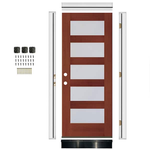 36 in. x 80 in. Modern Right-Hand 5-Lite Frosted Glass Amaretto Stain Mahogany Wood Front Doorkit w/ Quick Assemble Jamb