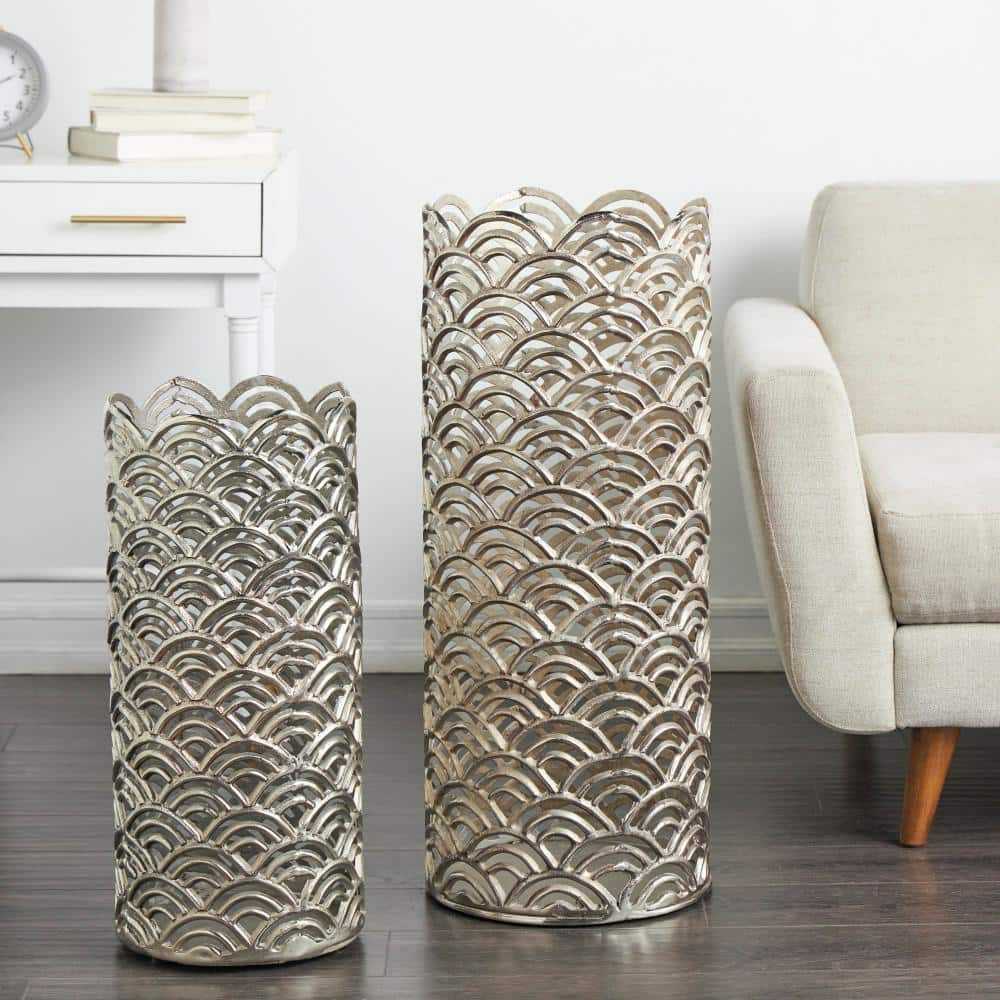 Litton Lane Silver Art Deco Inspired Aluminum Geometric Decorative Vase with Arch Designs (Set of 2)