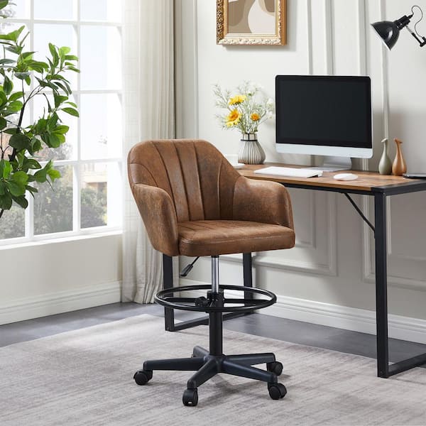 Premium PU Swivel Drafting Chair Adjustable Height Lumbar Support Home Office  Stool, Brown