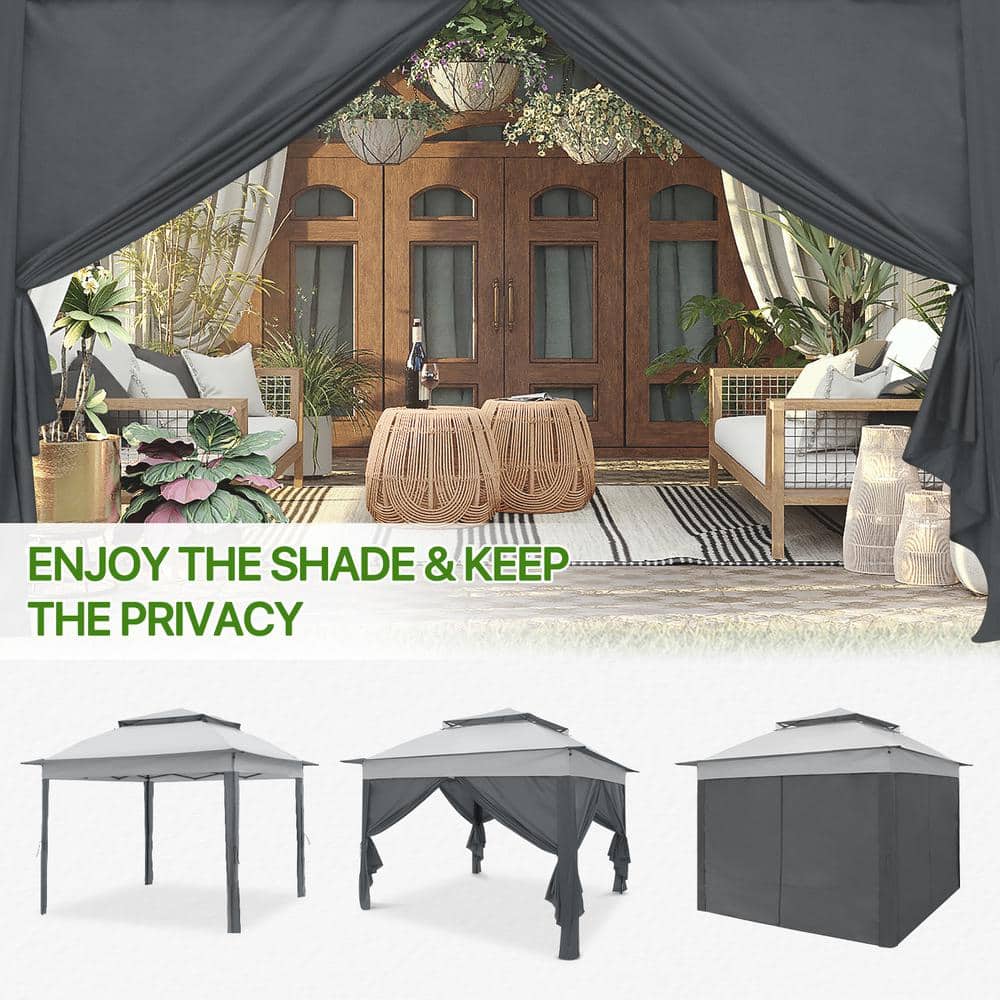 11 ft. Gray and Black Steel Patio Gazebo with Solid Walls