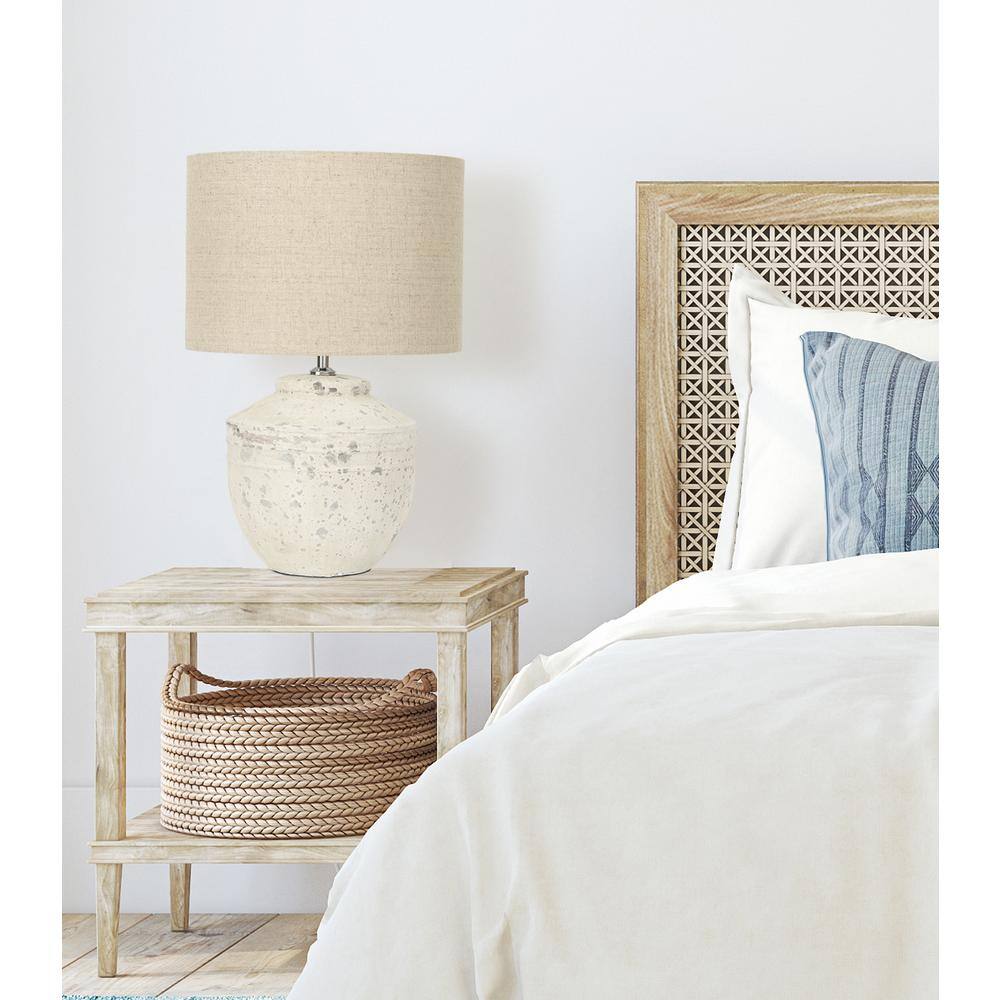 Distressed White Cement Table Lamp with Beige Linen Shade