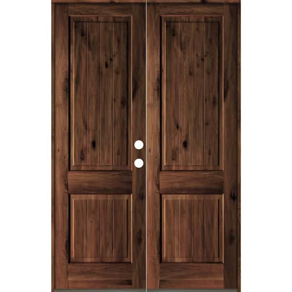 Krosswood Doors 64 in. x 96 in. Rustic Knotty Alder Square Top Red Mahogony Stain/V-Groove Left-Hand Wood Double Prehung Front Door