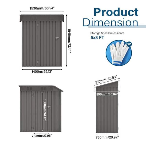 JUJABU Gray 5 x 3 ft. Metal Outdoor Storage Shed with Pitched Roof