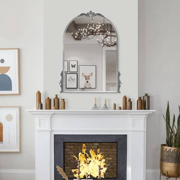 20 in. W x 26 in. H Baroque Arched Classic Metal Framed Antique Silver Mounted Wall Mirror