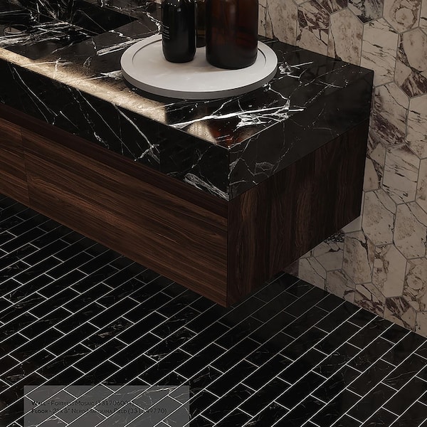 Jeffrey Court Nero Marquina Black 2 in x 8 in Polished Subway