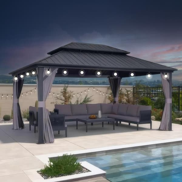 PURPLE LEAF 12 ft.x 16 ft.Gray Patio Outdoor Gazebo for Backyard Hardtop Aluminum Frame with Hooks ,Netting , Curtain 24 Lights