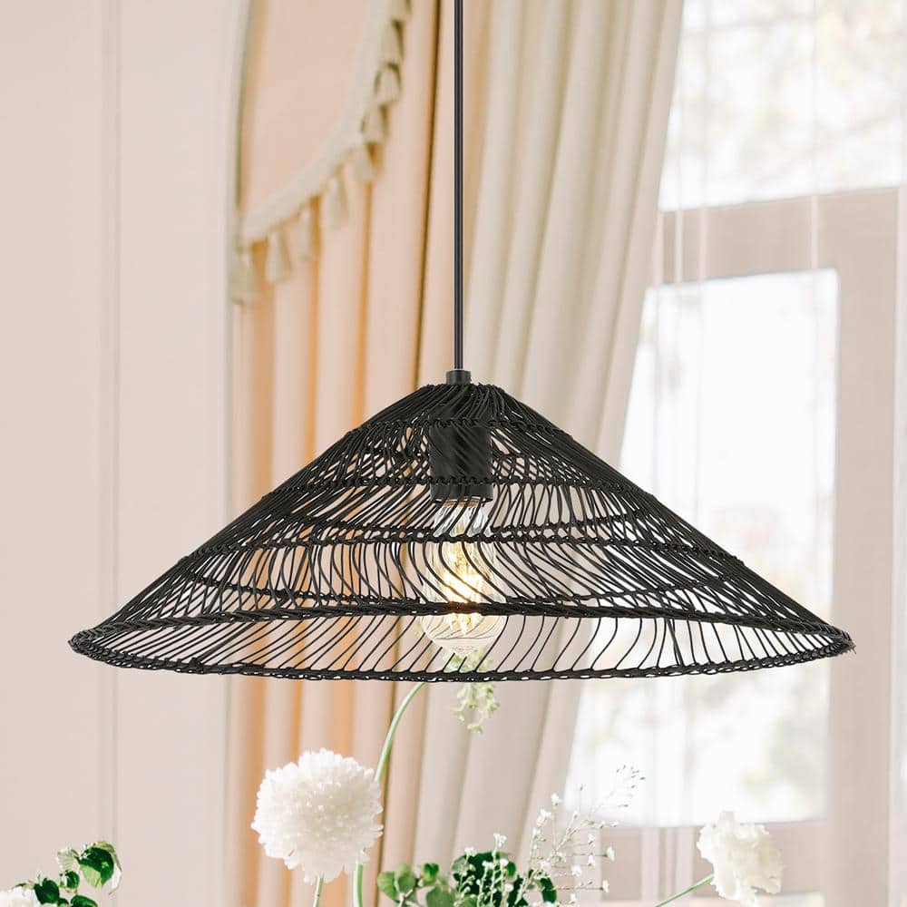 Nova 20.25" Black Rattan Cone LED Pendant with Adjustable Cord