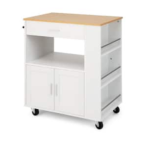 White Rolling Kitchen Cart with 3-Spice Racks Drawer and Open Shelf