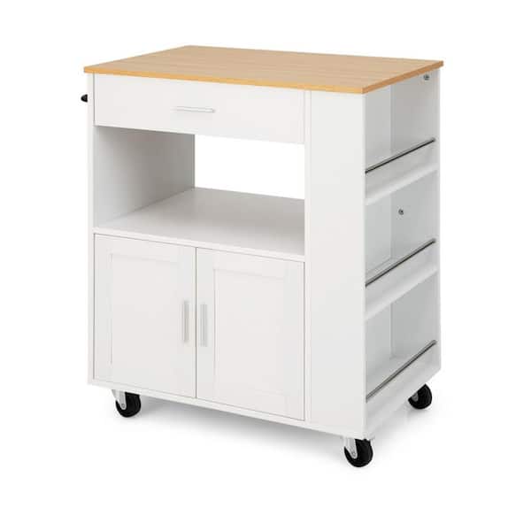 Bunpeony White Rolling Kitchen Cart with 3-Spice Racks Drawer and Open ...
