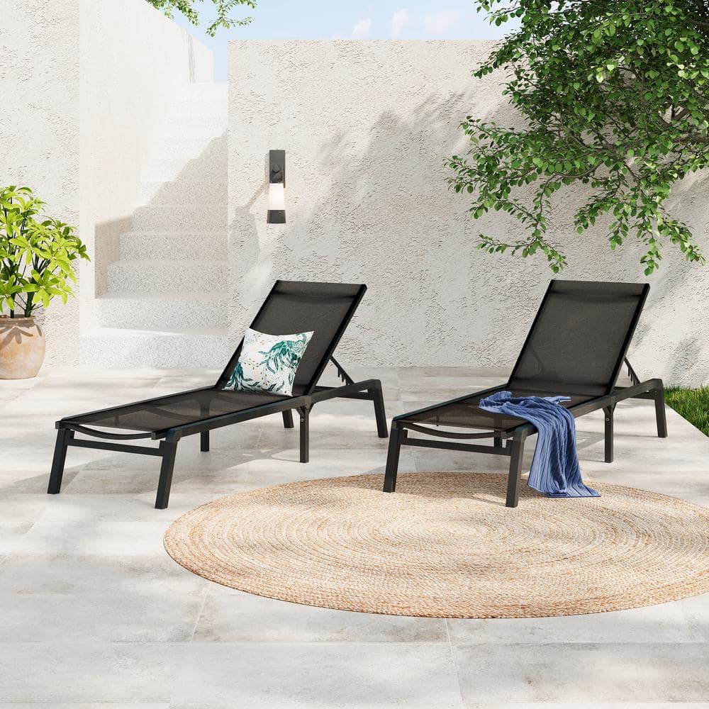 Black Aluminum Adjustable Outdoor Folding Chaise Lounge Set