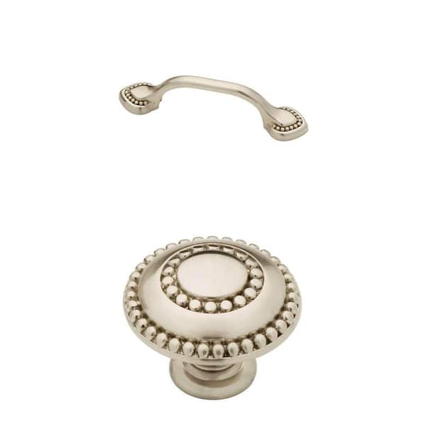 Double Beaded 3 in. Satin Nickel Cabinet Drawer Pull and 1-3/8 in. Round Knob Combo