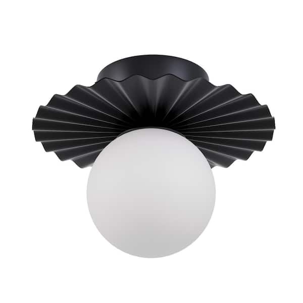 aiwen 9.84 in. 1-Light Industrial Black Semi-Flush Mount Modern Ceiling Light with White Glass Globe Shade