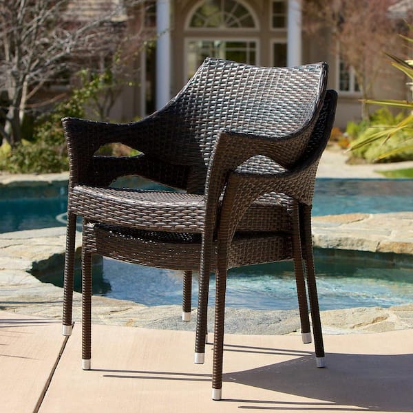 Wicker Outdoor Stackable Dining Chair Lounge Chair Lawn Chair in Brown (Set of 4)