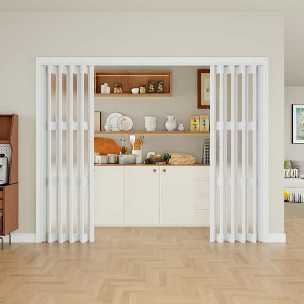 Blackout Door 96 in. x 80 in. White Dual 3-Lite PVC Accordion Door with Frosted Acrylic Glass with Hardware Kit