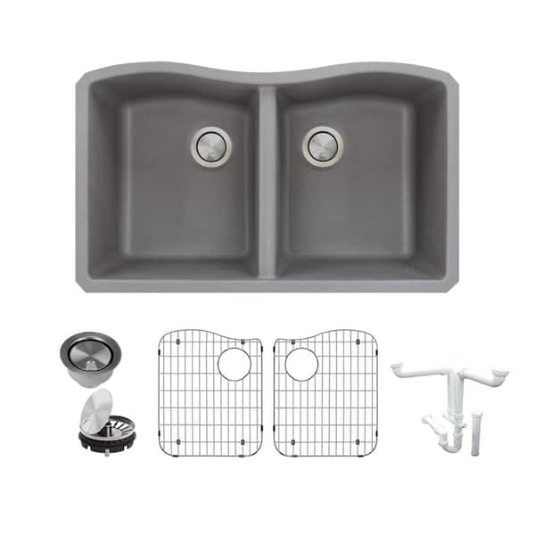 Transolid Aversa All-in-One Undermount Granite 32 in. Equal Double Bowl Kitchen Sink in Grey