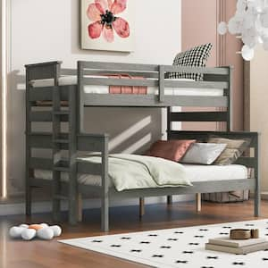 Detachable Style Gray Twin over Full Wood Bunk Bed with Built-in Ladder, Full-Length Bedrails