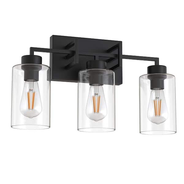18 in. Industrial 3-Light Matte Black Farmhouse Vanity Light with Glass Shades for Bathroom
